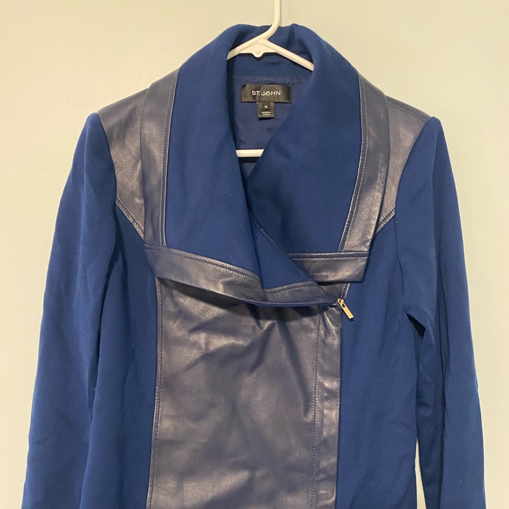 Gorgeous St. John leather and wool asymmetrical moto jacket
